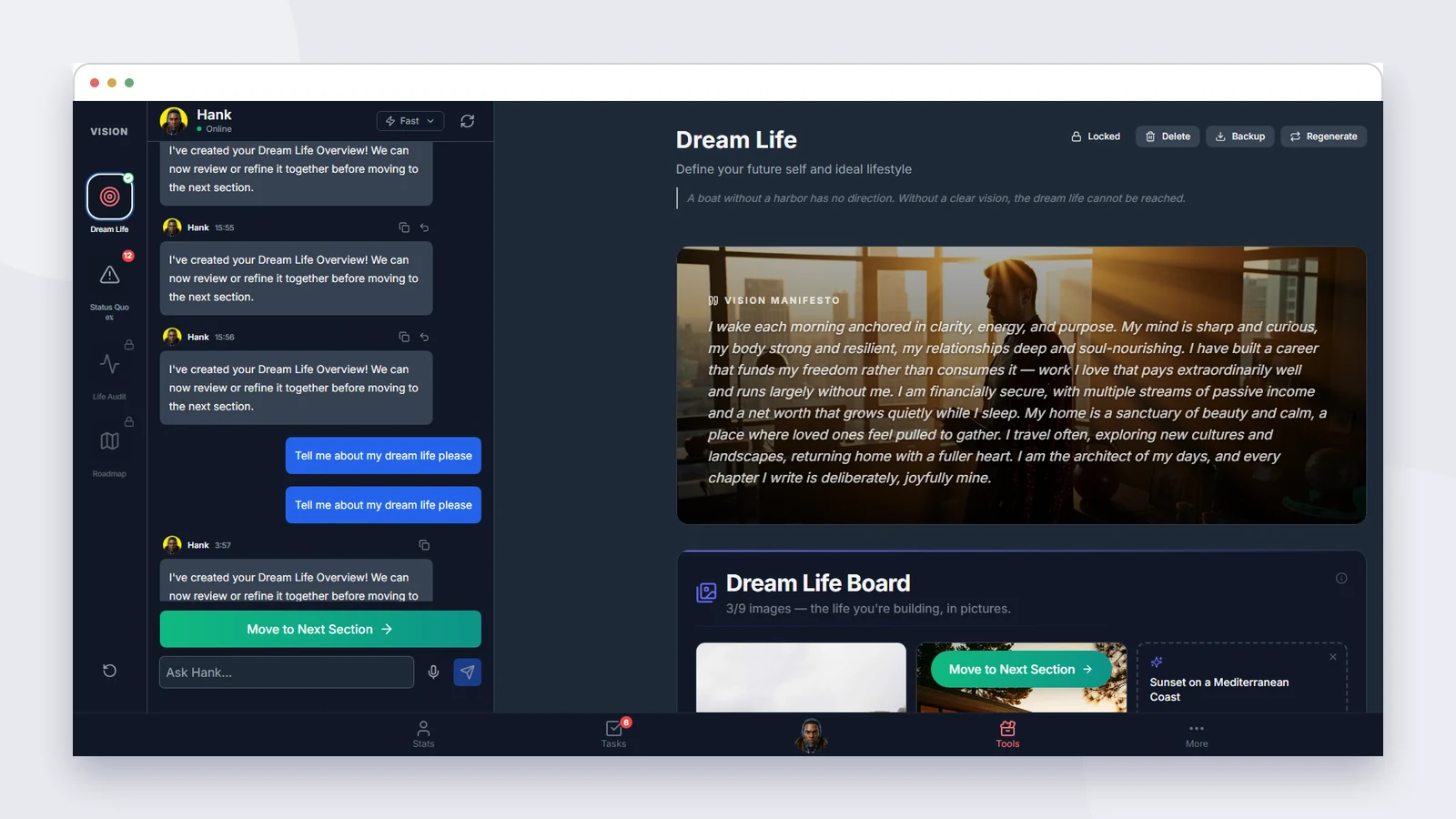 The real TaskCoach Vision workspace keeps Dream Life, Status Quo, Life Audit, and Roadmap in one visible sequence instead of separating the exercises.