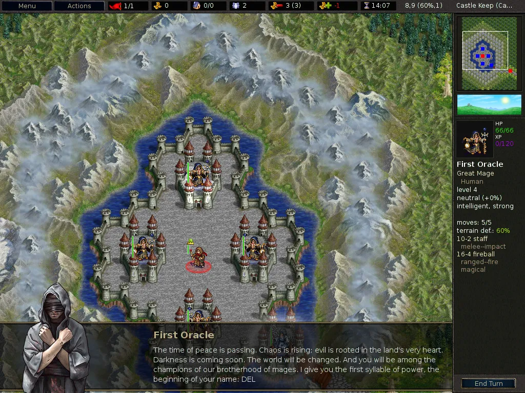 A character status panel from the open-source RPG *Battle for Wesnoth*. Look at the right side: **First Oracle, Great Mage, Level 3, XP 0/150, HP 45/45, traits, attacks, resistances**. Every number is a quantified identity statement. This is what 50 hours of grinding *looks like*, a permanent record of who the character has become. Real life produces the same kind of progression but hands you none of the visible scoreboard, which is the whole problem gamification solves. (Image: Battle for Wesnoth, GPL, via Wikimedia Commons)